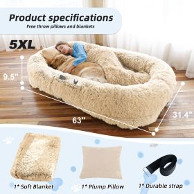 Human Dog Bed, Large Size Fits You and Pets, Washable Faux Fur Dog Bed for People Doze Off, Napping Orthopedic Dog Bed, Present Plump Pillow, Blanket (Color: beige, size: 5XL(63"L Ã—31.4"W Ã—9.5"Th))
